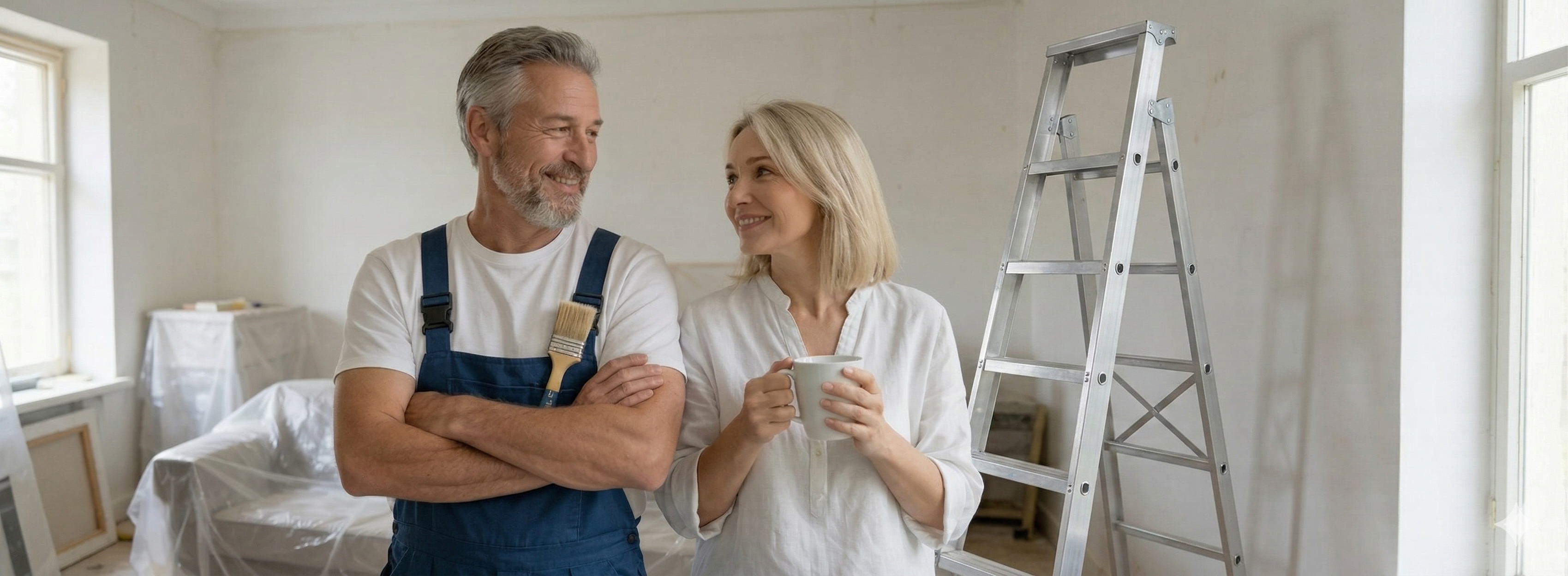 Klientka na drabinie przy pracach malarskich — NewLifeColor, Łódź i okolice