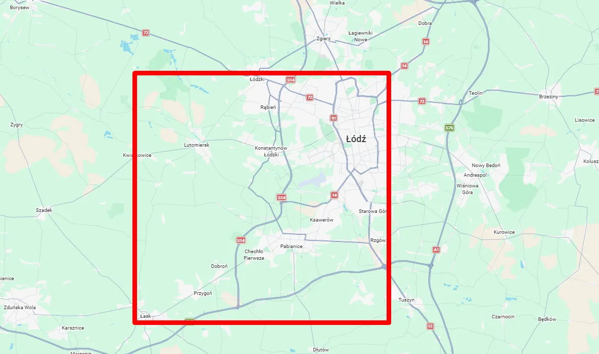Mapa obszaru działania NewLifeColor: Łódź, Pabianice, Dobroń, Łask, Rzgów, Konstantynów Łódzki, Aleksandrów Łódzki i okolice