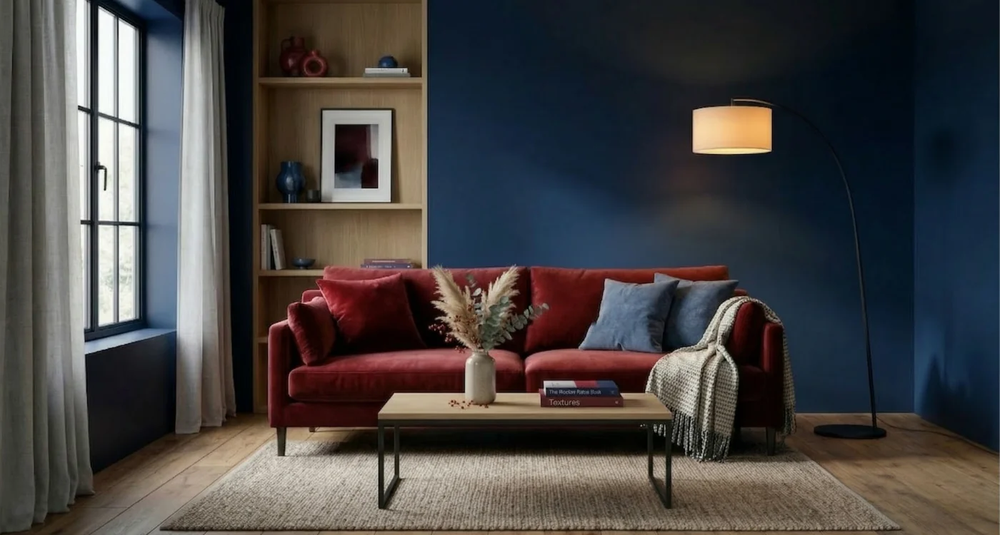 Ilustracja do wpisu na blogu: Szkarłat i granat w jednym salonie? Ten duet robi furorę w 2026 roku